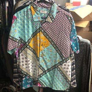 Blue and Yellow Casual Button Down Shirt with Unique Patchwork Design